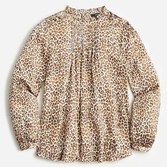 🌹 J. CREW 🌹 Ruffleneck Drapey Leopard Print Satin Blouse - [Size XS] - Picture 2 of 14